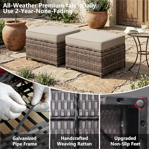 2 Piece Patio Sofa Ottomans with 4.3" Thick Cushions, Wicker Outdoor Couch Extension Set, All-Weather Rattan Seating Accessory for Backyard Furniture,Beige