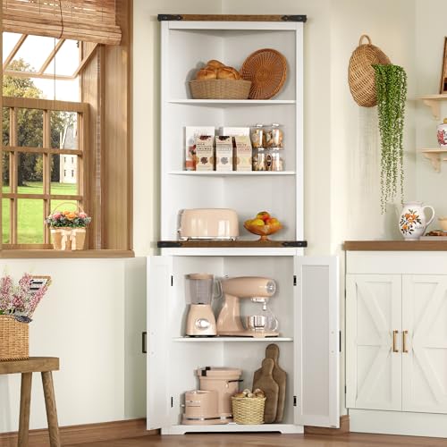 Farmhouse Corner Cabinet, 70" H Tall Corner Hutch with 5 Shelves & 2 Barn Doors, view 5