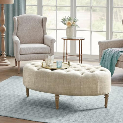 Clara Coffee Table - Solid Wood Frame, Soft Fabric, Button Tufted, Oval Large Accent Ottoman - Modern Foam Padded Top Footstool Cocktail Living Room Furniture, Linen