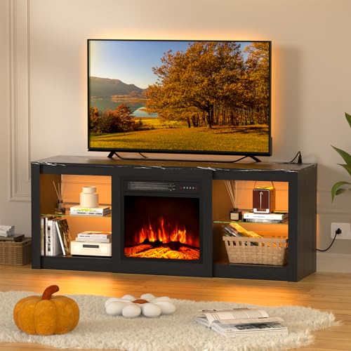 Electric Fireplace TV Stand for 65-80"TV, w/Power Outlets, Black, view 5