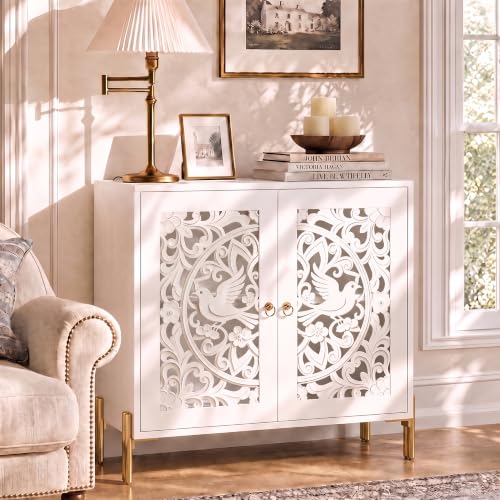 2 Doors Accent Cabinet with Hollow-Carved Bird Floral Pattern, view 2