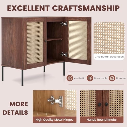 Buffet Cabinet, Rattan Sideboard Console Table Coffee Bar Accent Cabinet w/Adjustable Shelf, Walnut Credenza, Storage Cabinet for Entryway Kitchen Living Room Hallway (1, Walnut)