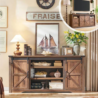 Farmhouse 66"TV Stand for 75+ Inch TV, With 4 Drawers & Sliding Barn Door | 32" Tall Entertainment Center, Rustic Media Console w/Storage Shelves, 66" Wood Television Stand for Living Room, Brown