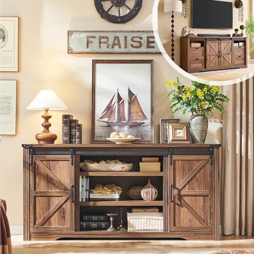 Farmhouse 66"TV Stand for 75+ Inch TV, With 4 Drawers & Sliding Barn Door | 32" Tall Entertainment Center, Rustic Media Console w/Storage Shelves, 66" Wood Television Stand for Living Room, Brown