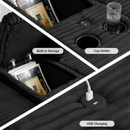 150 Inch Modular Sectional Sofa Couch, Oversized Modern Cloud Couch for Living Room, U Shape Couches with 2 Ottomans, USB Ports and Cup Holders, Black Corduroy Boneless Sofas, Sofa in a Box
