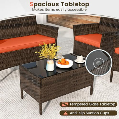 Wicker Patio Furniture Set 4 Piece, Outdoor PE Rattan Table & Chairs Set with Tempered Glass Coffee Table, Loveseat, Cushions, Conversation Set for Balcony, Porch, Backyard, Deck, Orange