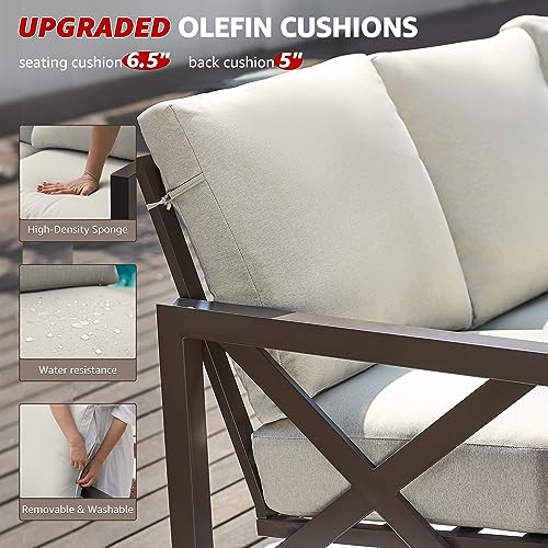 6 Pieces Patio Furniture Sets, Metal Outdoor Sectional Furniture L Shape Patio Conversation Sets,Highback Frame,Metal Table,Large Waterproof Cover, 6.5" Olefin Cushions