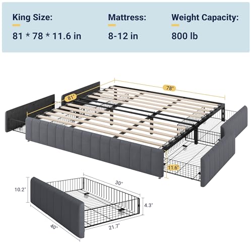 King Size Platform Bed Frame with 4 Large Storage Drawers, view 3