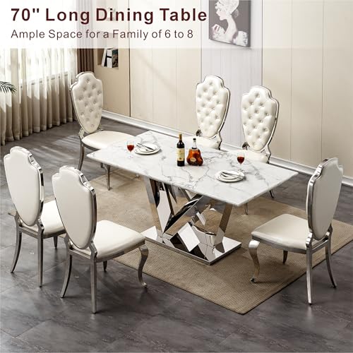 Marble Dining Table for 6 People, 70'' Rectangle Faux Marble Dining Table with Mirrored Stainless Steel Base, Large Size Marble Kitchen Table (Silver,White)(ONLY Table)