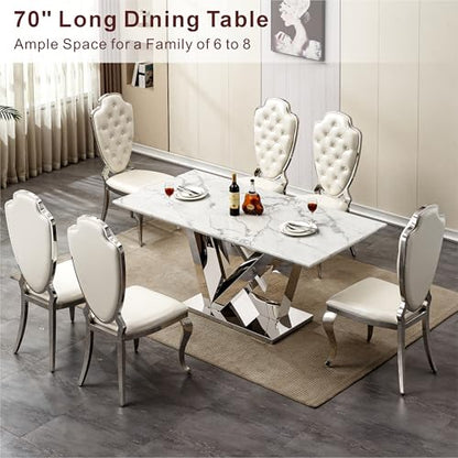Marble Dining Table for 6 People, 70'' Rectangle Faux Marble Dining Table with Mirrored Stainless Steel Base, Large Size Marble Kitchen Table (Silver,White)(ONLY Table)