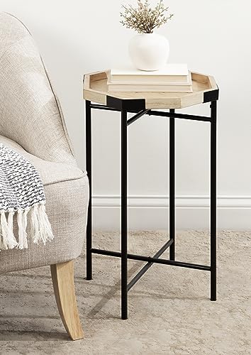 Occonor Two-Tone Octagon Side Table; 16 x 15 x 24; Natural Brown and Black; Transitional Mixed Materials Living Room Table with Resilient Wood and Metal Table Construction