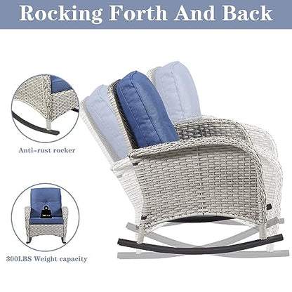 Outdoor Rocking Chairs Set of 2, Wicker Rocker Rocking Chairs for Porch, 3 Pieces Patio Furniture Sets Rocking Bistro Set with Cushions and Side Table