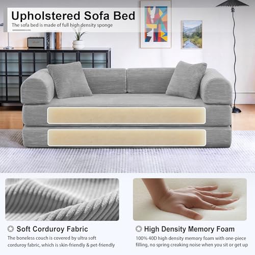 78 inch Sofa Bed 4-in-1 Boneless Convertible Corduroy Sleeper Folding Couch with Fixed-Shape Frame and 2 Futons No Assemble Required 3 Seater Upholstered for Living Room (Light Grey, 78 inch)