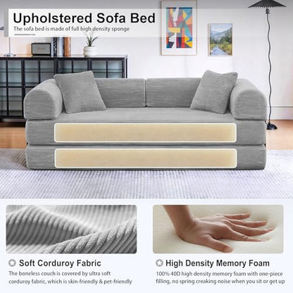 78 inch Sofa Bed 4-in-1 Boneless Convertible Corduroy Sleeper Folding Couch with Fixed-Shape Frame and 2 Futons No Assemble Required 3 Seater Upholstered for Living Room (Light Grey, 78 inch)