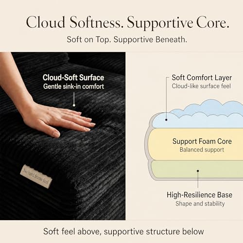 Boneless Modular Sectional Sofa, Left/Right-Facing Cloud Couch | Oversized deep seat, L-shaped design, soft corduroy fabric, ideal for living room, black.