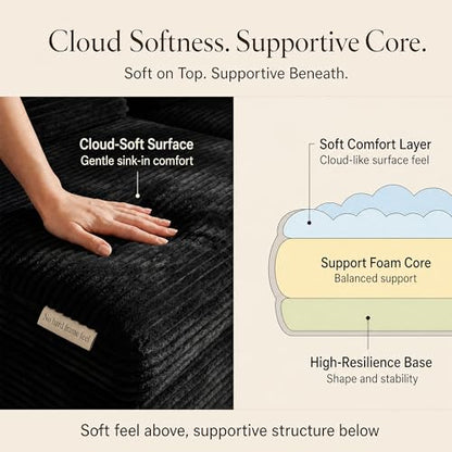 Boneless Modular Sectional Sofa, Left/Right-Facing Cloud Couch | Oversized deep seat, L-shaped design, soft corduroy fabric, ideal for living room, black.