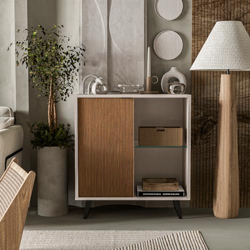 Atelier Mobili Sideboard, Storage Cabinet with Soft Close Doors, Dining Room, Hallway, Console Table, Credenza, Accent Cabinet, 36 X 36 X 18 Inches with Sturdy Metal Legs (Cotton & Wood)