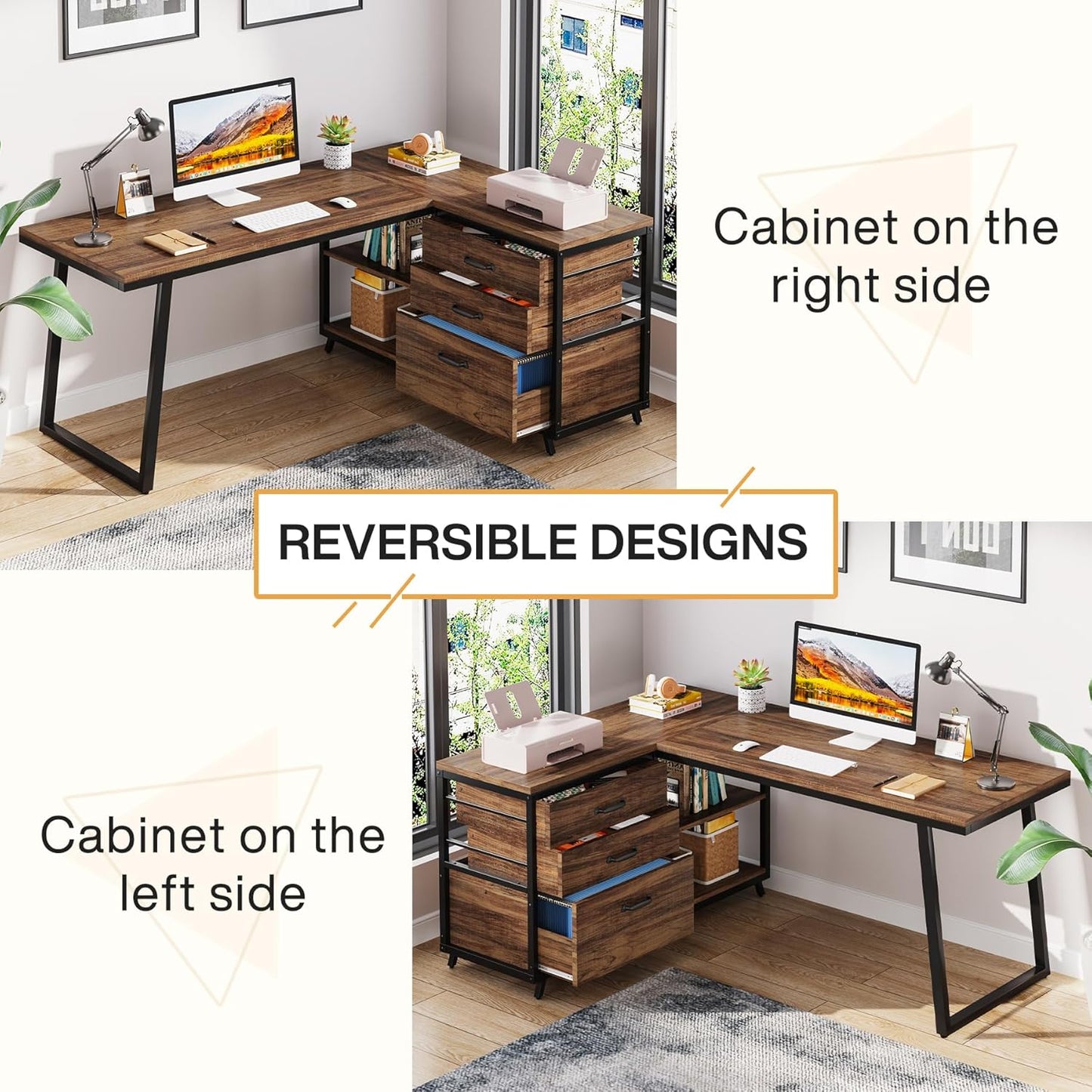 L-Shaped Computer Desk with 3 Drawers, Reversible Corner Home Office Desk with Shelves, 53-Inch Industrial PC Desk Study Writing Table Workstation for Small Space, Rustic Brown