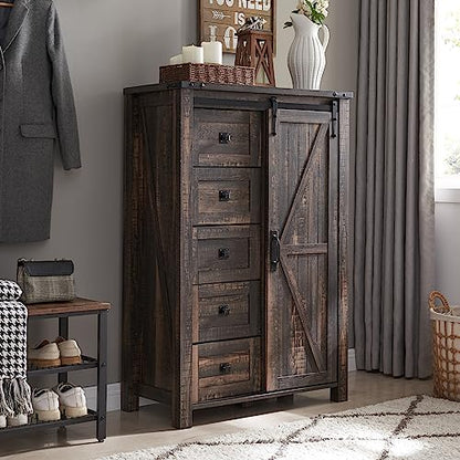 5 Drawers Dresser for Bedroom w/Sliding Barn Door, Farmhouse Modern Tall Dresser 5 Chest of Drawers, Storage Organizer for Bedroom, Hallway, Living Room, Kids Room, Dark Rustic Oak