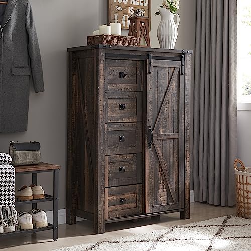 5 Drawers Dresser for Bedroom w/Sliding Barn Door, Farmhouse Modern Tall Dresser 5 Chest of Drawers, Storage Organizer for Bedroom, Hallway, Living Room, Kids Room, Dark Rustic Oak
