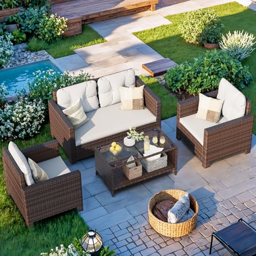 4 Pieces Patio Furniture Sets Rattan Chair Wicker Conversation Sofa Set, Outdoor Indoor Backyard Porch Garden Poolside Balcony Use (Beige)