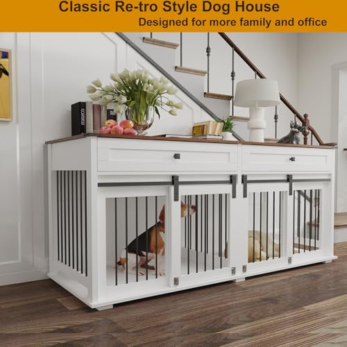 Double XL Dog Crate Furniture, White Wooden Pet Kennel Cabinet with 4 Doors, view 5