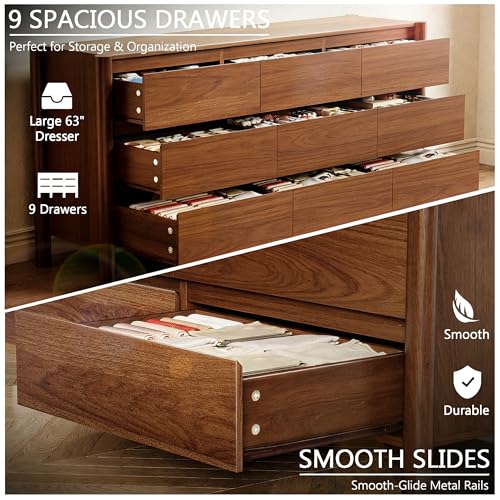 Walnut Dresser for Bedroom,63"Wide 9 Drawer Mid Century Modern Chest, view 6