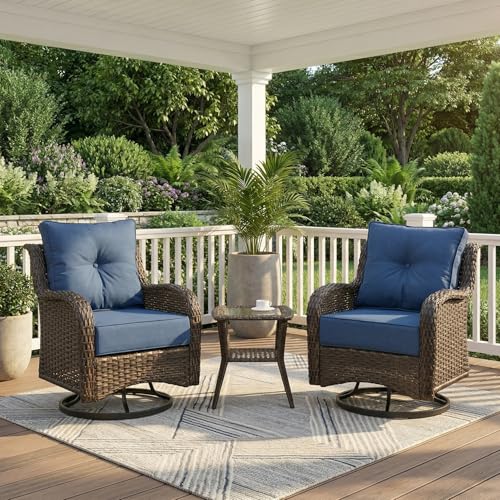 Patio Furniture Set, 3PCS Outdoor Wicker Conversation Set Porch Furniture with 6" Thick Cushions, High Back Swivel Chairs, Weather Resistant Olefin Fabric for Garden, Poolside, Navy Blue