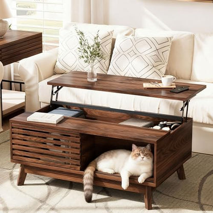Lift Top Coffee Table, Mid Century Modern Coffee Table with Storage for Living Room, 35.4'' Walnut Coffee Tables with Sliding Fence Door (Brown)