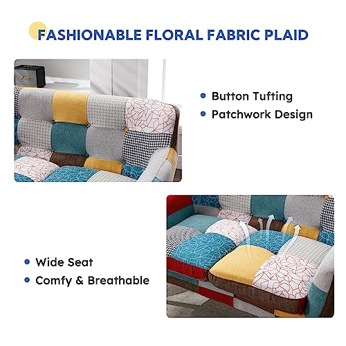 Modern Boho Loveseat Couch Sofa Chair for Living Room Bedroom, Upholstered Colorful Plaid Fabric 2-Seat Love Seat Sofa with Wood Leg for Small Space, One Loveseat