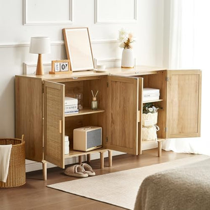 Rattan Buffet Cabinet with Storage, 4 Magnetic Doors and Adjustable Shelves, view 3