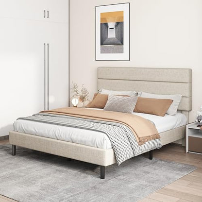 Queen Platform Bed Frame with Adjustable Linen Fabric Upholstered Headboard, view 8