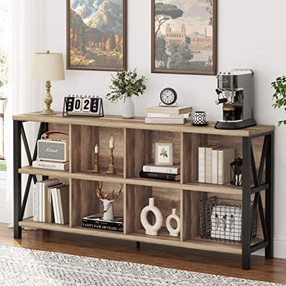 8 Cube Storage Organizer Bookshelf, 62 Inch Rustic Wood Horizontal Bookcase, Industrial Cube Long Book Shelf for Living Room (Rustic Oak)
