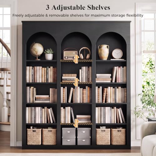 71" Triple Arched Bookcase, Tall Bookshelf with Shelves, Black, view 7