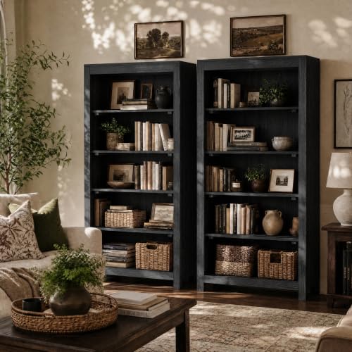 71" Solid Wood 5-Tier Tall Bookcase (2, Black), view 2