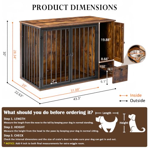 43.3" Dog Crate Furniture with Feeding Station for Small/Medium Dogs, view 8