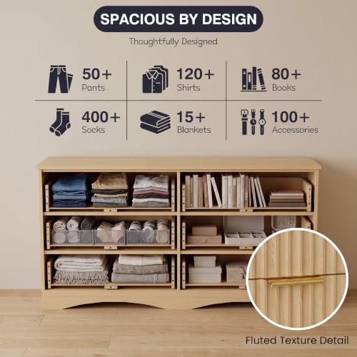 Dresser for Bedroom, 47.2" Fluted Wood Chest of Drawers, Natural, view 4