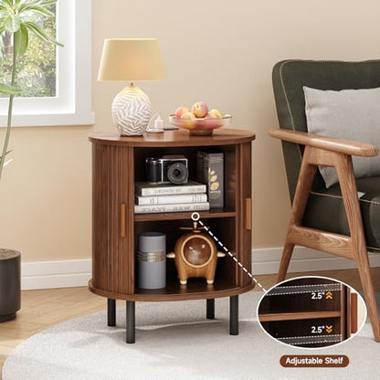 Oval End Table with Storage & Charging Station, Fluted Accent Side Table with Sliding Door & Adjustable Shelf, Mid-Century Modern Nightstand Set of 2 for Living Room, Bedroom, Walnut(2-Pack)