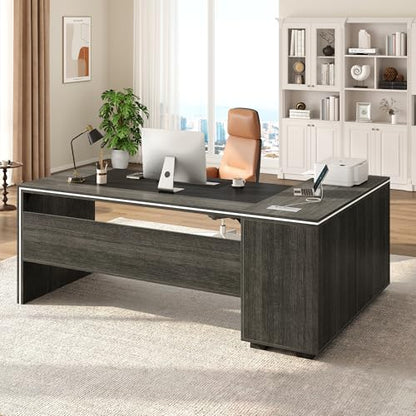 71" Executive Desk with Storage Cabinet, Modern L-Shaped Office Desk with Bookshelf, Storage Shelves, CPU Stand & Cable Management, Large Computer Workstation for Home Office (Gray)