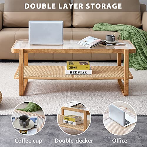 Rattan Coffee Table with Tempered Glass Top,Wood Coffee Table for Living Room,Glass Top with Imitation Rattan Storage Shelf, Rectangle Coffee Table for Living Room