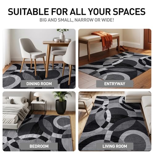 Gray Modern Geometric Area Rug, Abstract Circles, High-Traffic, Non-Shedding, for Living Room, Bedroom and Home Office, 5'3" x 7'3"