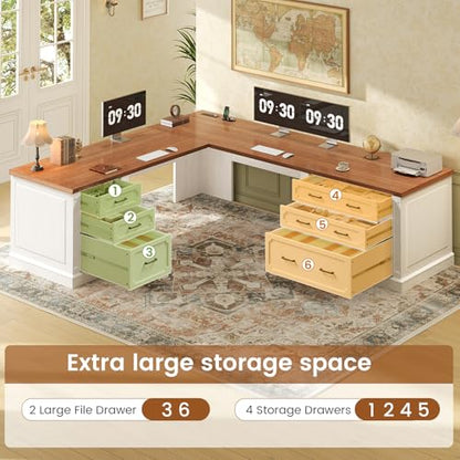 Farmhouse 78.8" L Shaped Desk with 6 Drawers, Home Office Desk with Power Outlet, view 4