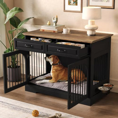 43.3" Farmhouse Dog Crate Furniture with Rotating Bowls & Drawers – Wooden, view 2