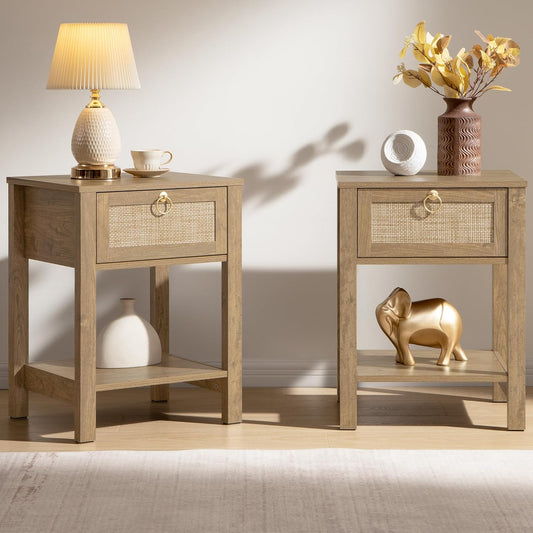 Rattan Nightstand Set of 2, Rattan Decor Drawer with Brass Knobs Night Stand Bedside Table Boho End Tables Side Tables with Storage Shelf for Bedroom,Small Space
