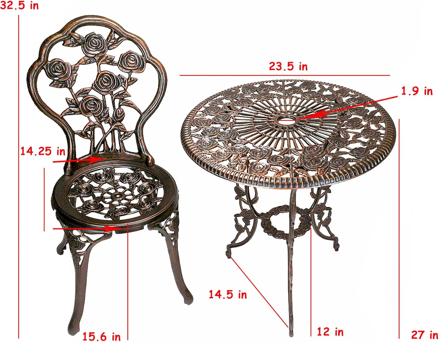 3-Piece Rose Bistro Set with 23.5-Inch Cast Aluminum Top Table