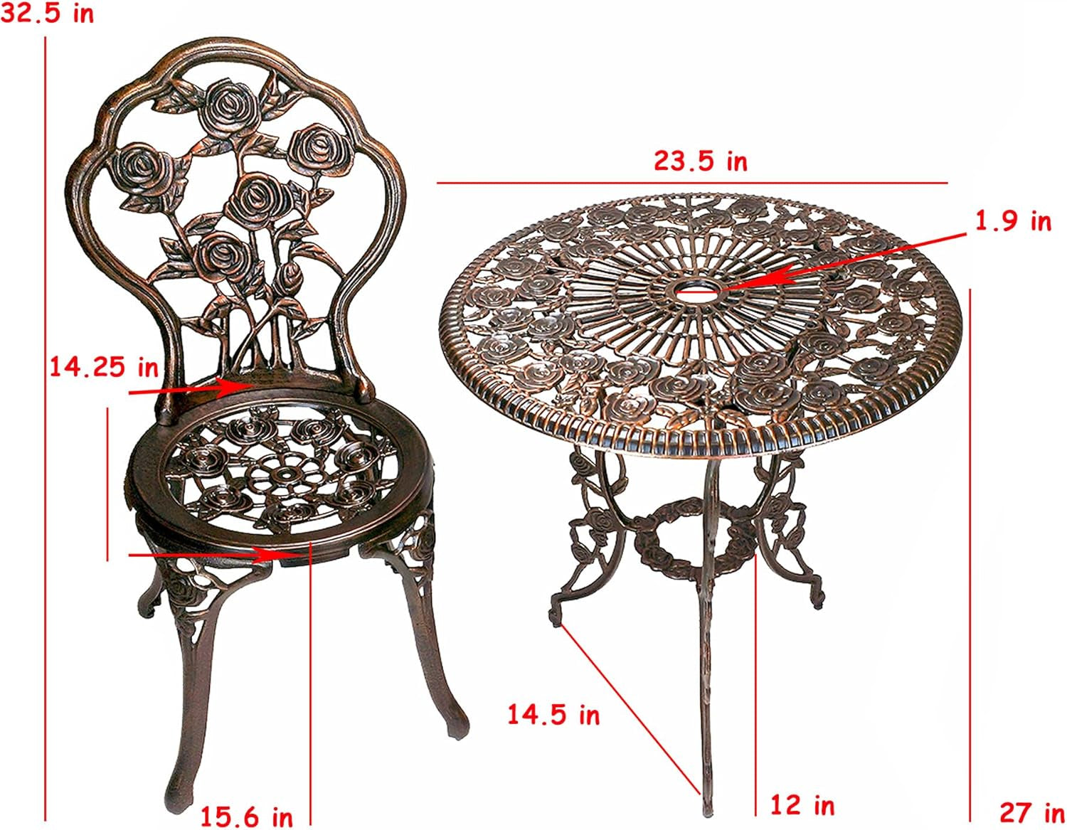 3-Piece Rose Bistro Set with 23.5-Inch Cast Aluminum Top Table