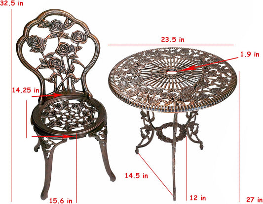3-Piece Rose Bistro Set with 23.5-Inch Cast Aluminum Top Table