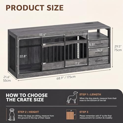 Dog Crate for 2 Large Dogs, Double Dog Crate Furniture 68.9" Grey, view 3