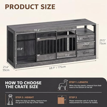 Dog Crate for 2 Large Dogs, Double Dog Crate Furniture 68.9" Grey, view 3