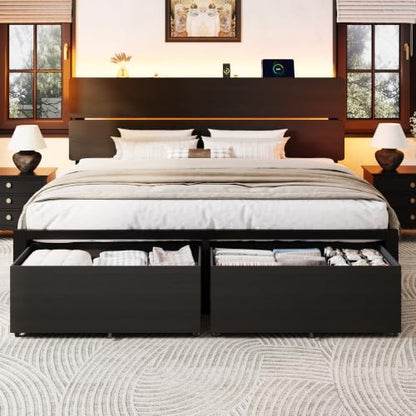 King Led Bed Frame, 2 Storage Drawers, Charging Station, Black, view 2